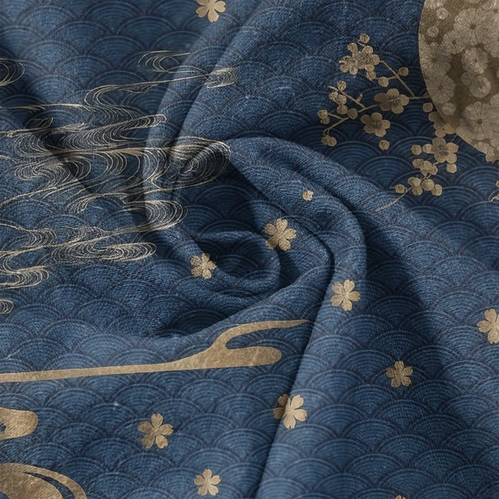 Buddha Stones Chemise à manches courtes pour homme, motif grue et pleine lune, fleur de prunier en coton - image 4