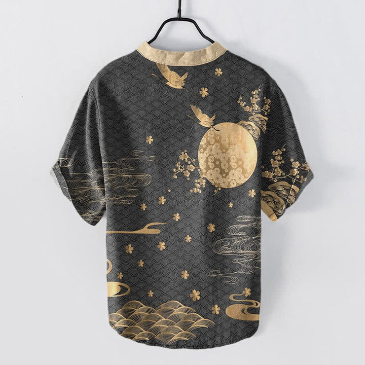 Buddha Stones Chemise à manches courtes pour homme, motif grue et pleine lune, fleur de prunier en coton - image 6