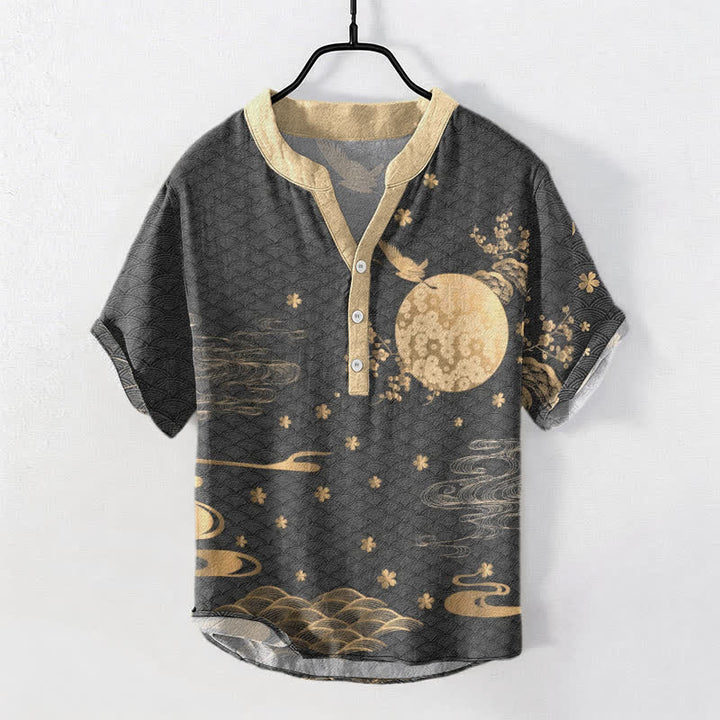 Buddha Stones Chemise à manches courtes pour homme, motif grue et pleine lune, fleur de prunier en coton - Gris sombre - US/UK/AU50，EU60 (5XL) - image 5