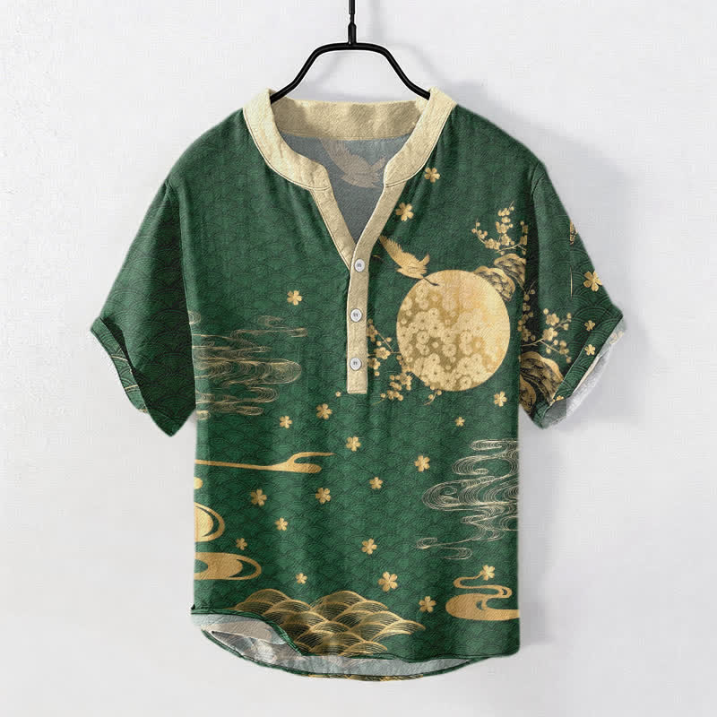 Buddha Stones Chemise à manches courtes pour homme, motif grue et pleine lune, fleur de prunier en coton - Vert foncé - US/UK/AU50，EU60 (5XL) - image 7