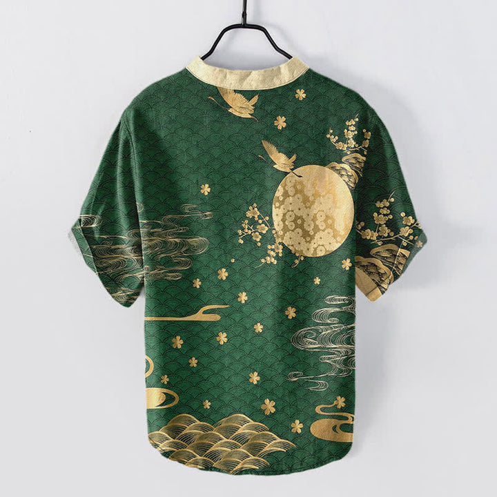 Buddha Stones Chemise à manches courtes pour homme, motif grue et pleine lune, fleur de prunier en coton - image 8