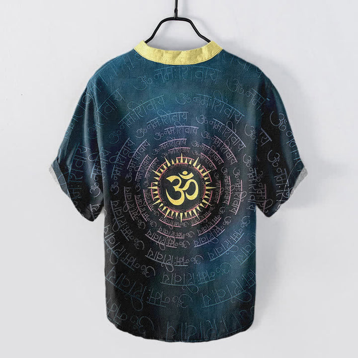 Buddha Stones Chemise à manches courtes et demi-boutonnée pour homme avec emblème Om Mantra en coton - image 1