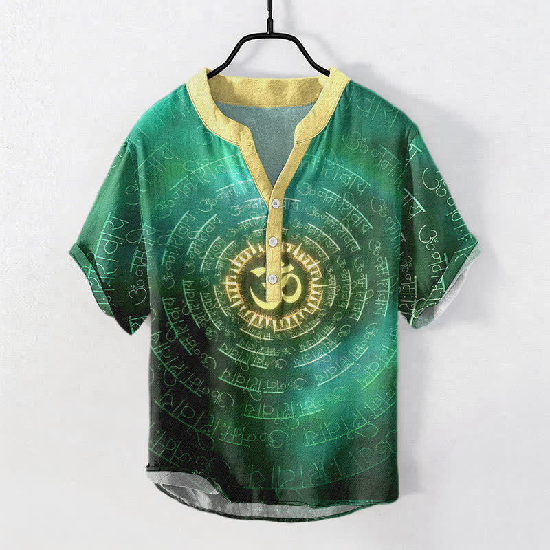 Buddha Stones Chemise à manches courtes et demi-boutonnée pour homme avec emblème Om Mantra en coton - Vert mer moyen - US/UK/AU50，EU60 (5XL) - image 5
