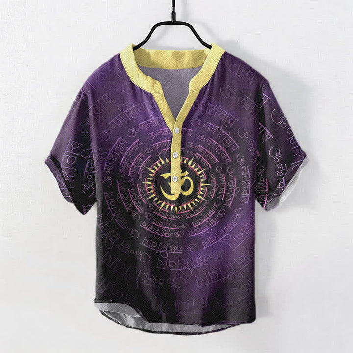 Buddha Stones Chemise à manches courtes et demi-boutonnée pour homme avec emblème Om Mantra en coton - Violette sombre - US/UK/AU50，EU60 (5XL) - image 7