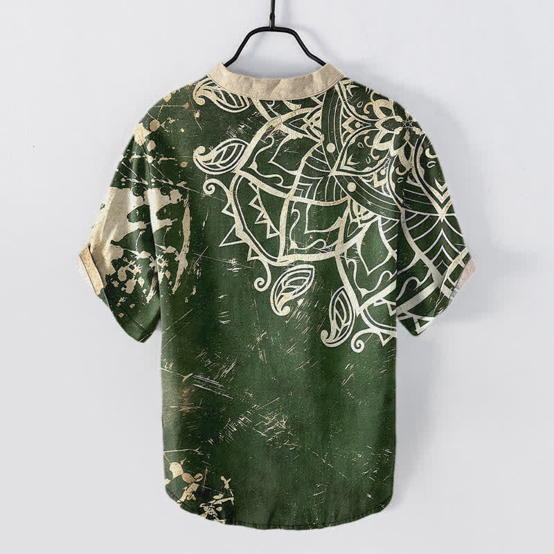 Buddha Stones Chemise à manches courtes pour homme en coton avec emblème mandala de lotus et demi-boutonnage - image 1