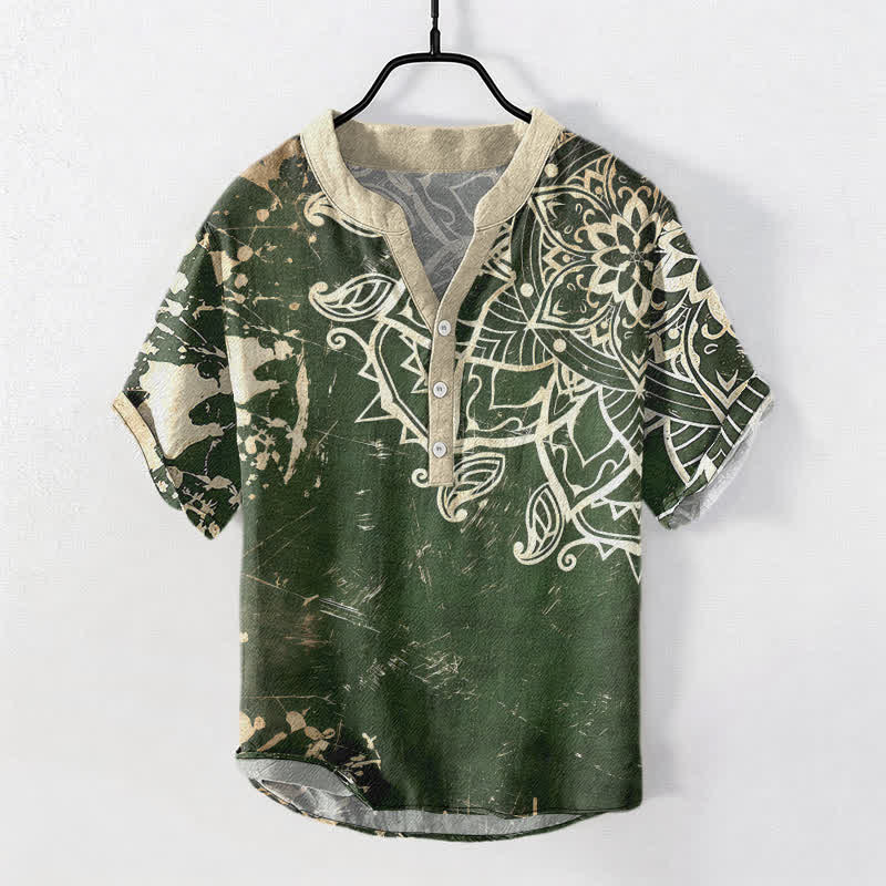 Buddha Stones Chemise à manches courtes pour homme en coton avec emblème mandala de lotus et demi-boutonnage - Vert foncé - US/UK/AU50，EU60 (5XL) - image 0
