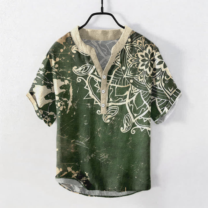 Buddha Stones Chemise à manches courtes pour homme en coton avec emblème mandala de lotus et demi-boutonnage - Vert foncé - US/UK/AU50，EU60 (5XL) - image 0