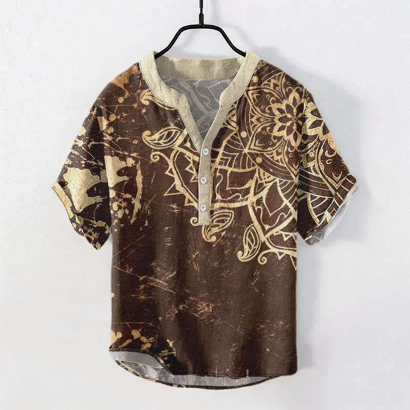 Buddha Stones Chemise à manches courtes pour homme en coton avec emblème mandala de lotus et demi-boutonnage - SaddleBrown - US/UK/AU50，EU60 (5XL) - image 5