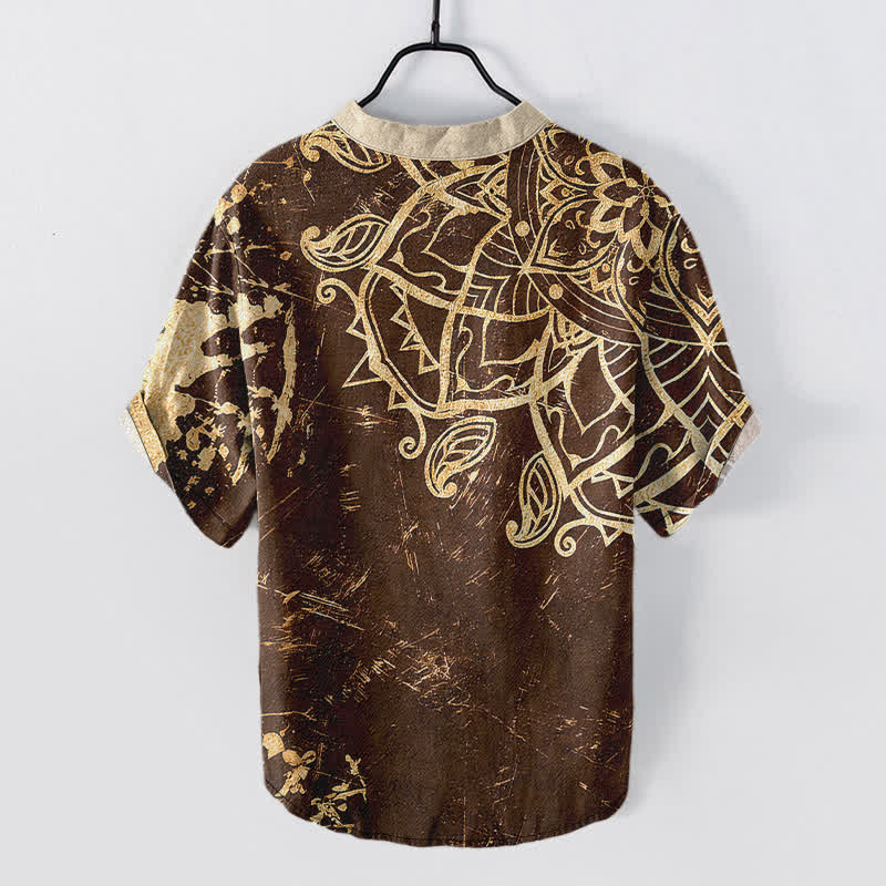 Buddha Stones Chemise à manches courtes pour homme en coton avec emblème mandala de lotus et demi-boutonnage - image 6