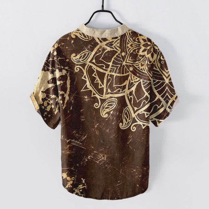 Buddha Stones Chemise à manches courtes pour homme en coton avec emblème mandala de lotus et demi-boutonnage - image 6