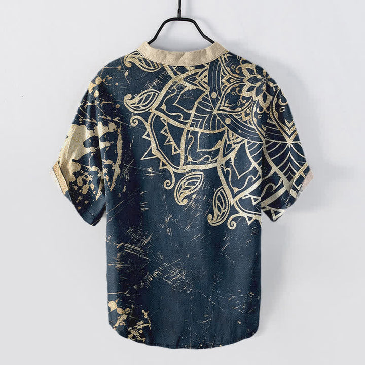 Buddha Stones Chemise à manches courtes pour homme en coton avec emblème mandala de lotus et demi-boutonnage - image 8