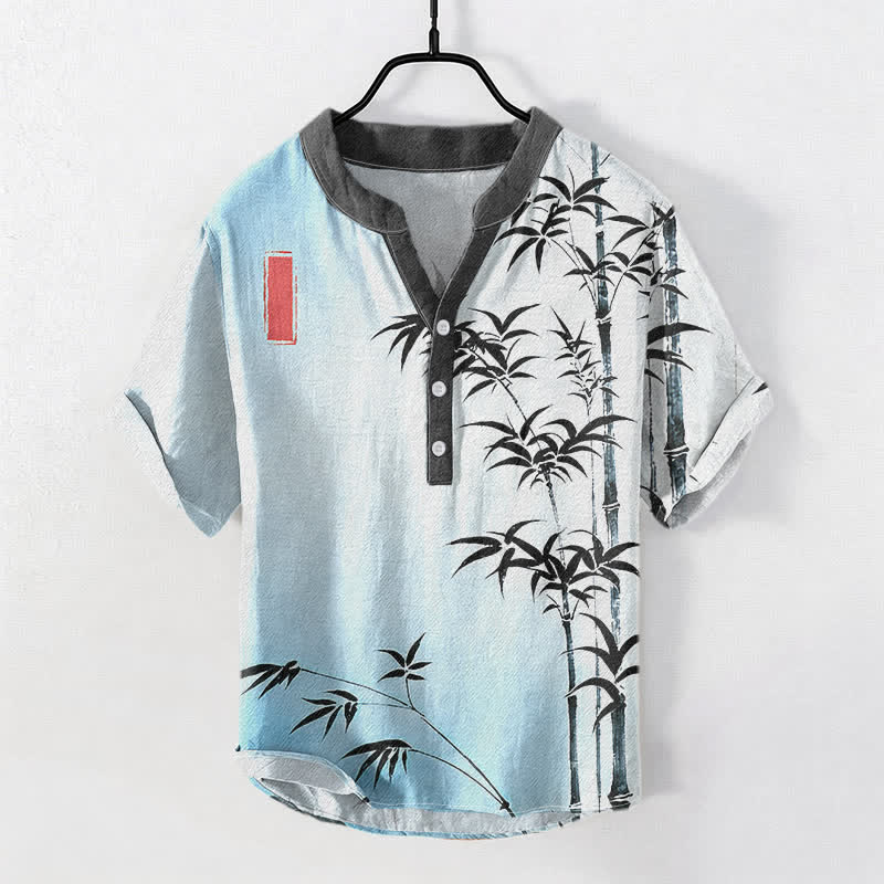 Buddha Stones Chemise homme à manches courtes et demi-boutonnée en coton et bambou avec emblème - Bleu clair - US/UK/AU50，EU60 (5XL) - image 3