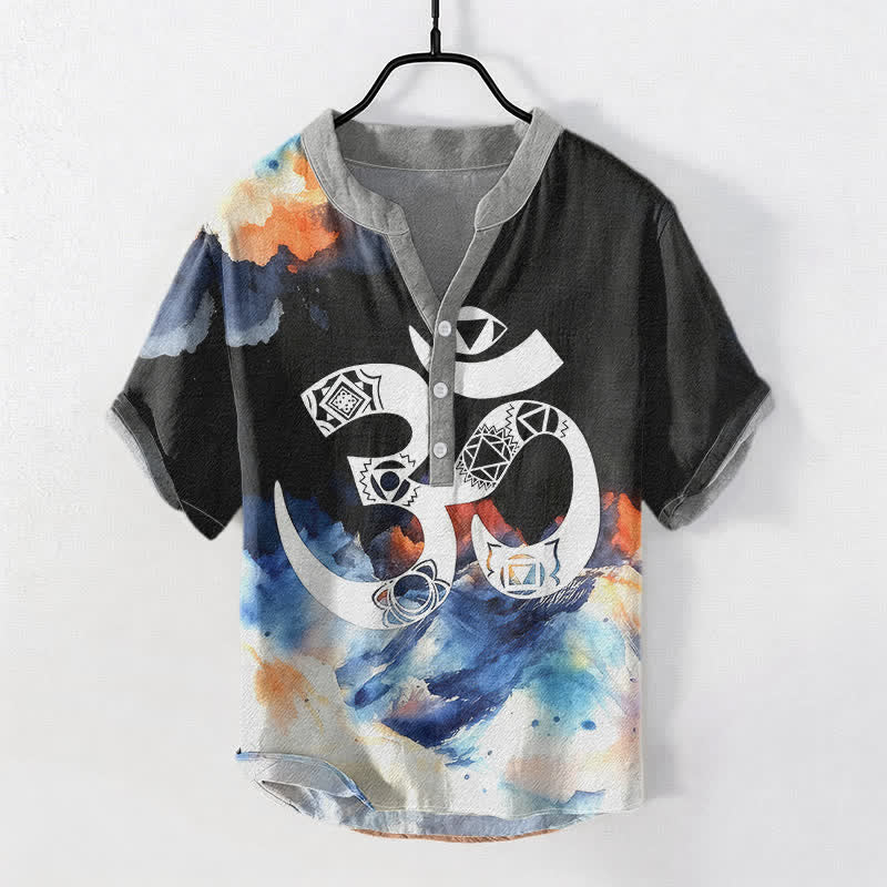 Buddha Stones Chemise à manches courtes en coton avec emblème Om Chakra pour homme - Noir - US/UK/AU50，EU60 (5XL) - image 0
