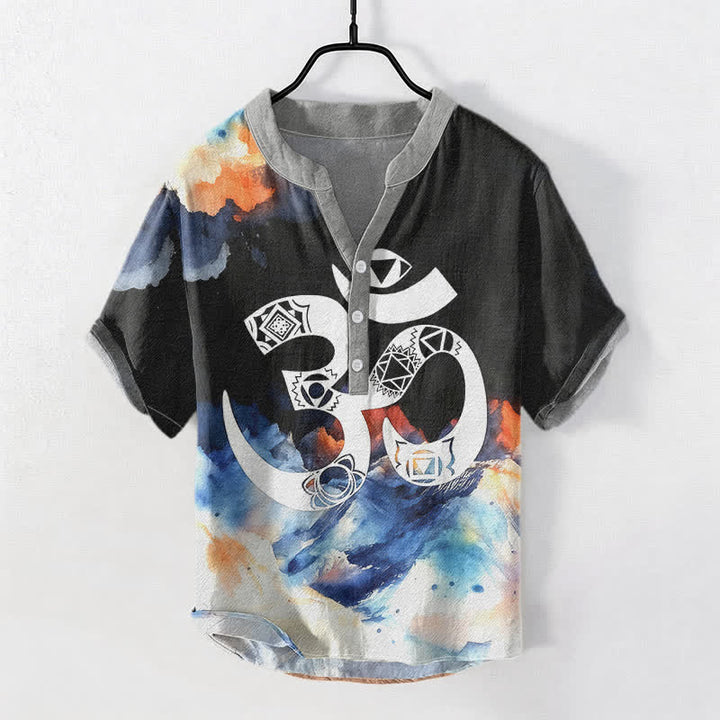 Buddha Stones Chemise à manches courtes en coton avec emblème Om Chakra pour homme - Noir - US/UK/AU50，EU60 (5XL) - image 0