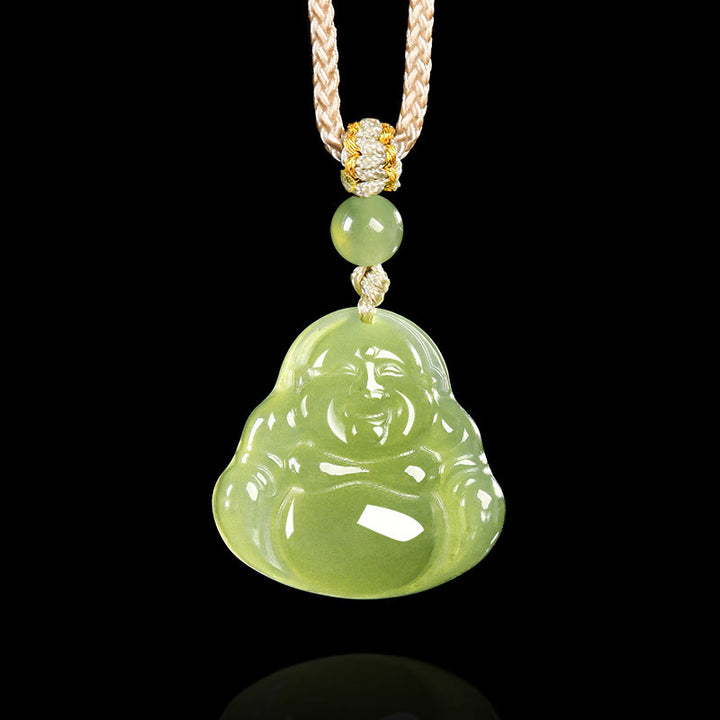 Buddha Stones Collier pendentif en corde de prospérité représentant un Bouddha rieur en jade vert - Jade naturel (la couleur peut varier) - image 0