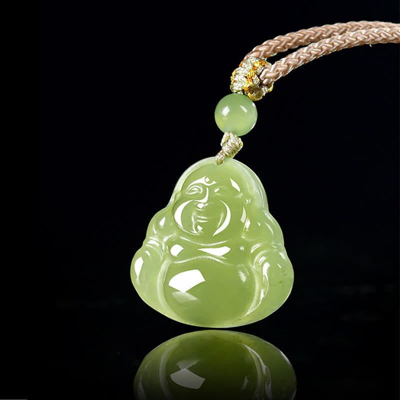 Buddha Stones Collier pendentif en corde de prospérité représentant un Bouddha rieur en jade vert - image 1