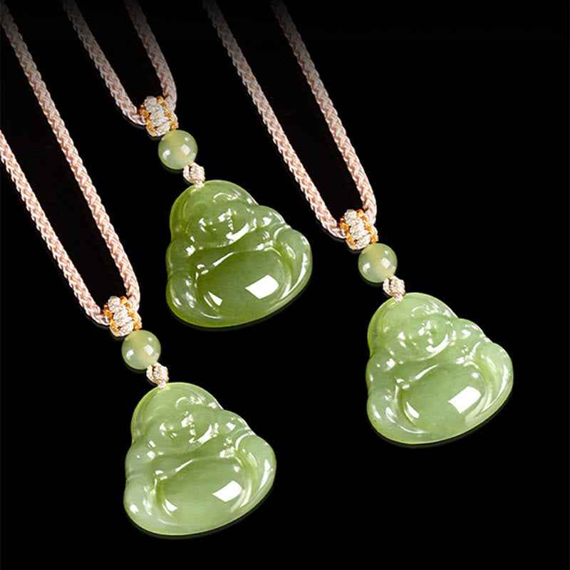 Buddha Stones Collier pendentif en corde de prospérité représentant un Bouddha rieur en jade vert - image 4