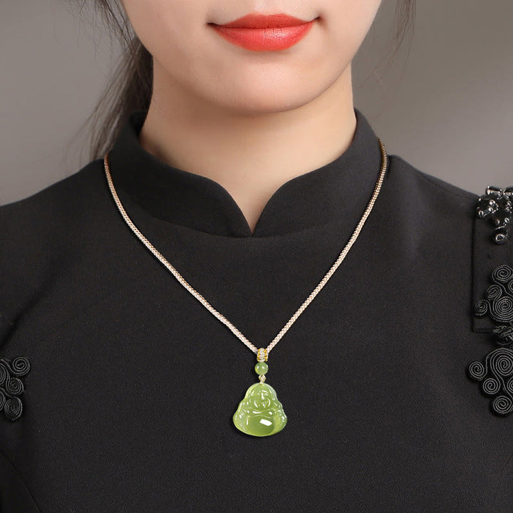 Buddha Stones Collier pendentif en corde de prospérité représentant un Bouddha rieur en jade vert - image 9