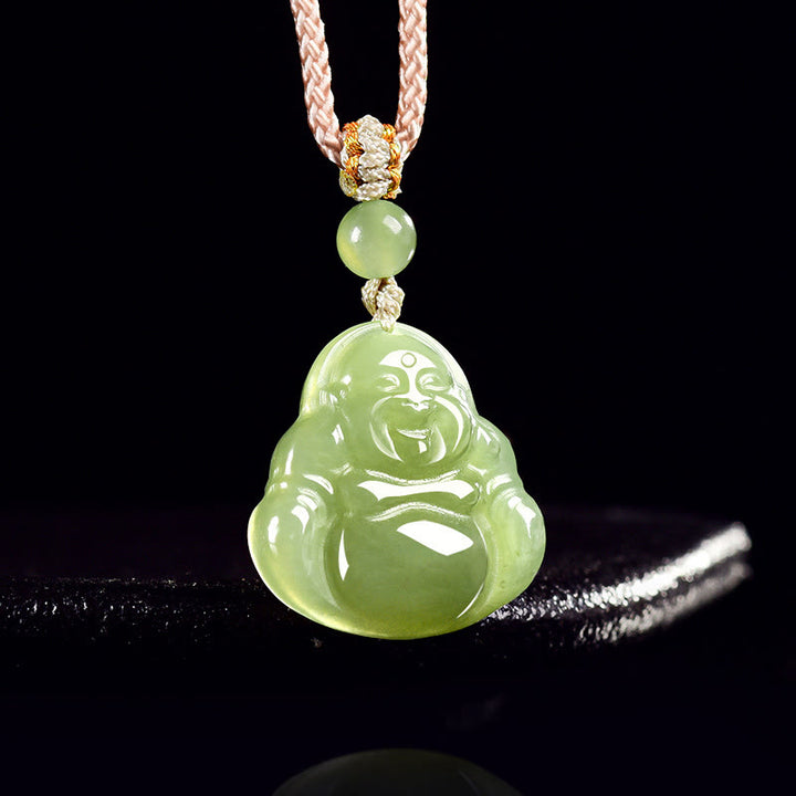 Buddha Stones Collier pendentif en corde de prospérité représentant un Bouddha rieur en jade vert - image 2
