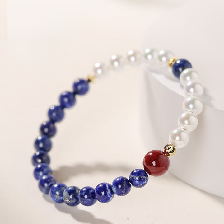 Buddha Stones Bracelet de perles positives en lapis-lazuli, lazurite, perle et cinabre - image 2