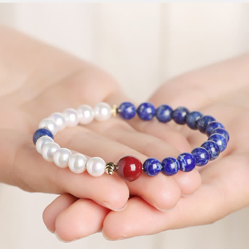 Buddha Stones Bracelet de perles positives en lapis-lazuli, lazurite, perle et cinabre - image 4