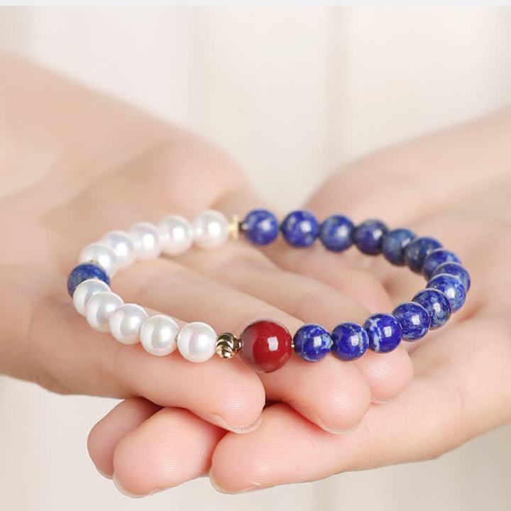 Buddha Stones Bracelet de perles positives en lapis-lazuli, lazurite, perle et cinabre - image 4