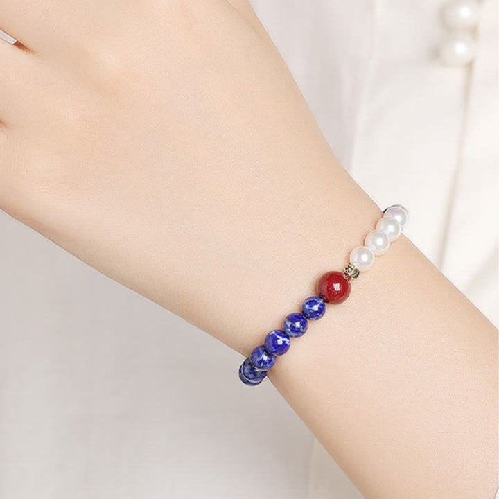 Buddha Stones Bracelet de perles positives en lapis-lazuli, lazurite, perle et cinabre - image 10