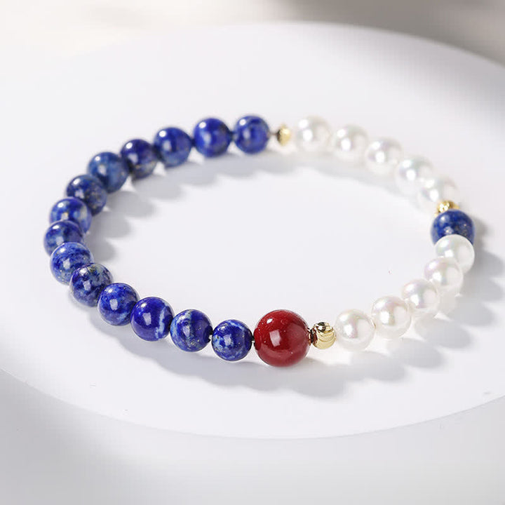 Buddha Stones Bracelet de perles positives en lapis-lazuli, lazurite, perle et cinabre - Bracelet en lapis-lazuli à un seul tour (tour de poignet 14-15 cm) - 6 mm - image 1