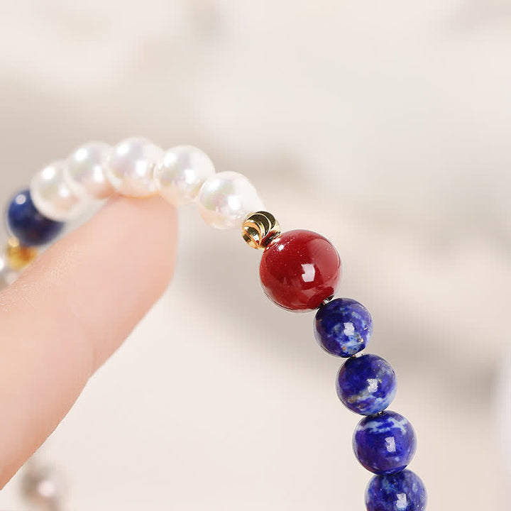 Buddha Stones Bracelet de perles positives en lapis-lazuli, lazurite, perle et cinabre - image 3