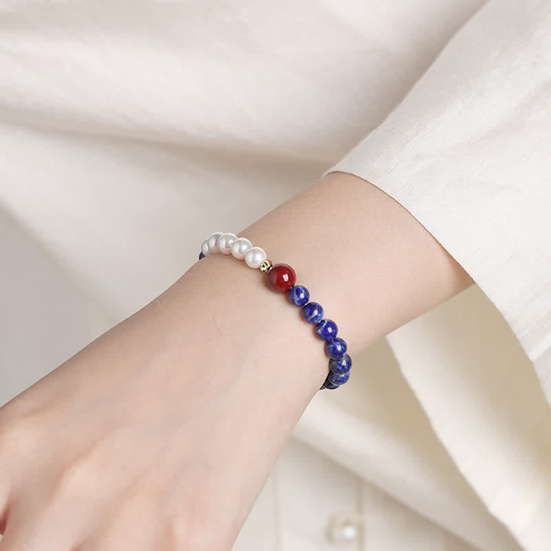 Buddha Stones Bracelet de perles positives en lapis-lazuli, lazurite, perle et cinabre - image 9