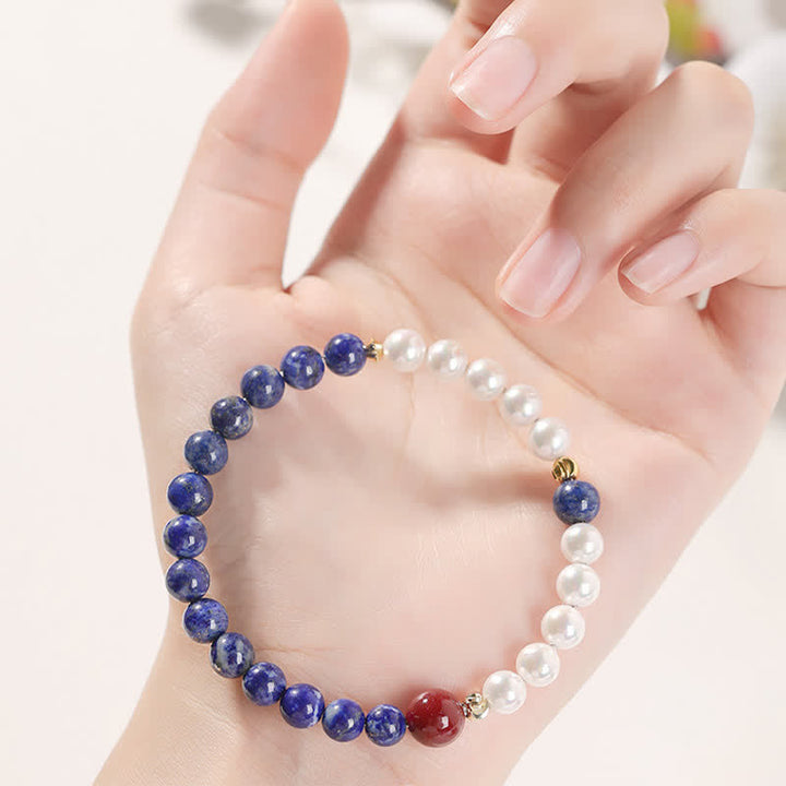 Buddha Stones Bracelet de perles positives en lapis-lazuli, lazurite, perle et cinabre - image 8