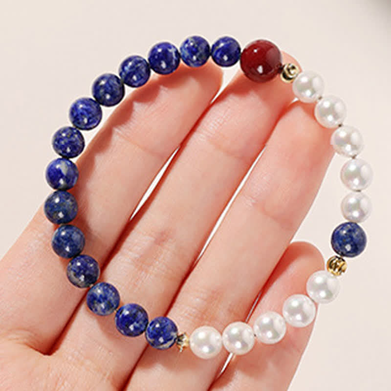 Buddha Stones Bracelet de perles positives en lapis-lazuli, lazurite, perle et cinabre - image 7