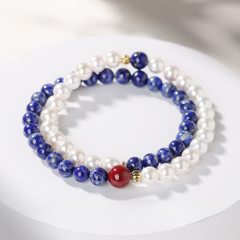 Buddha Stones Bracelet de perles positives en lapis-lazuli, lazurite, perle et cinabre - Bracelet double tour en lapis-lazuli (tour de poignet 14-15 cm) - 6 mm - image 12