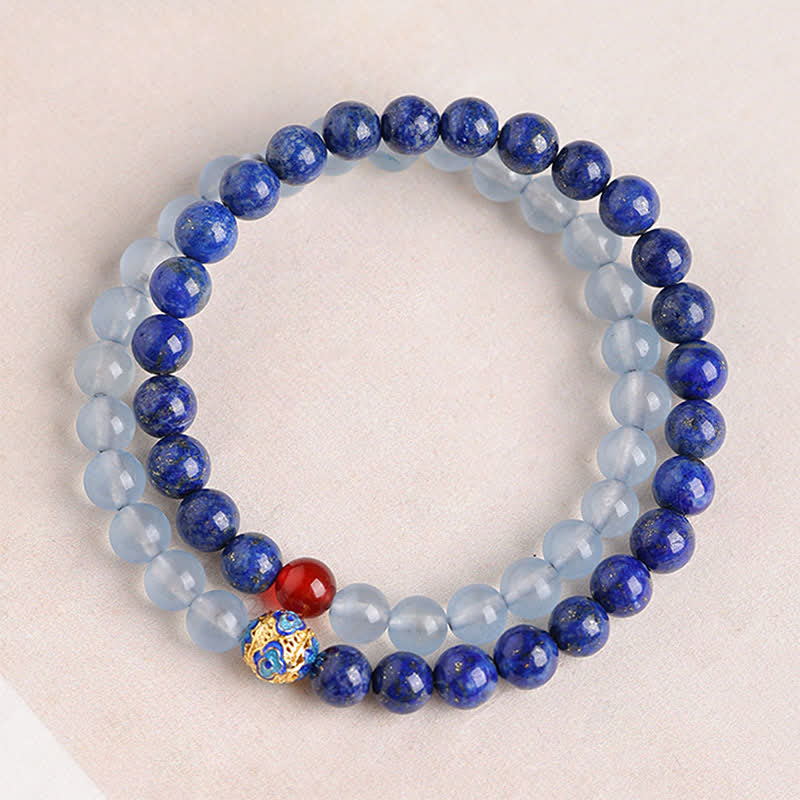 Buddha Stones Bracelet équilibre à double tour en lapis-lazuli, aigue-marine et agate rouge - Lapis-lazuli (Tour de poignet 14-15 cm) - 6 mm - image 0
