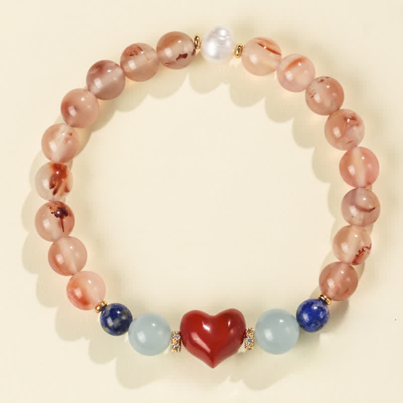 Buddha Stones Bracelet porte-bonheur en agate rouge du Sud et lapis-lazuli, motif cœur - Agate rouge du Sud (Tour de poignet 15-16 cm) - image 0