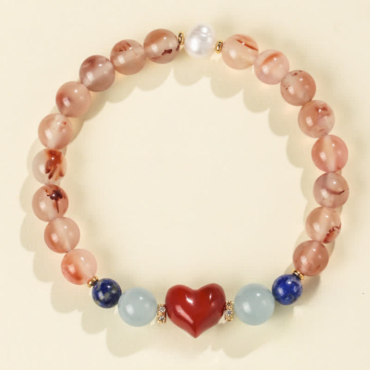 Buddha Stones Bracelet porte-bonheur en agate rouge du Sud et lapis-lazuli, motif cœur - Agate rouge du Sud (Tour de poignet 15-16 cm) - image 0