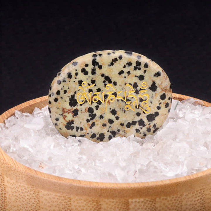 Buddha Stones Décoration en cristal Om Mani Padme Hum, pierre de palmier œil de tigre améthyste 35*45mm - Jaspe dalmatien naturel (la couleur peut varier) 35*45 mm - image 12