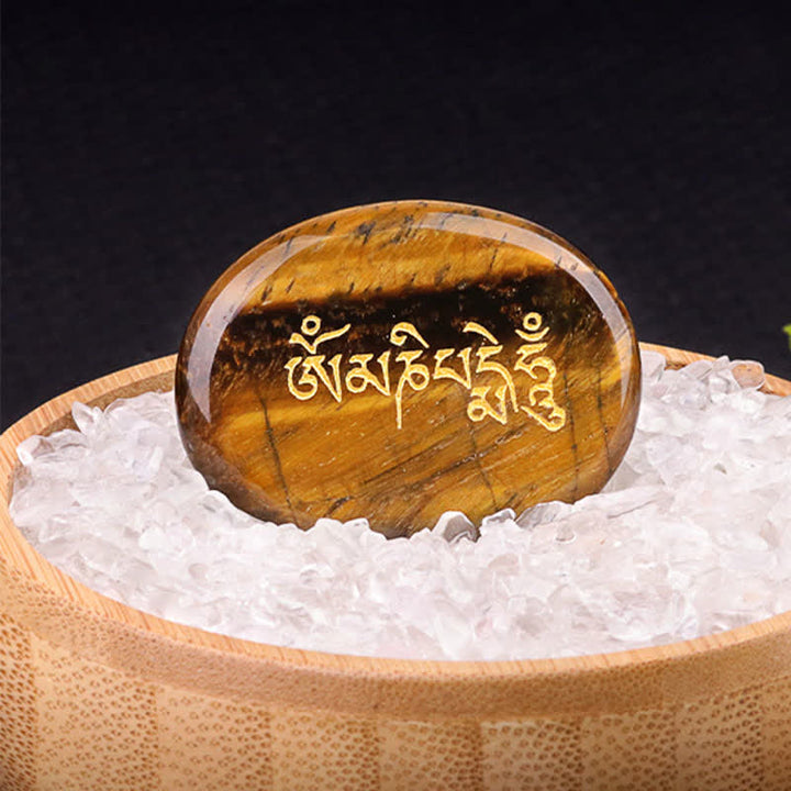 Buddha Stones Décoration en cristal Om Mani Padme Hum, pierre de palmier œil de tigre améthyste 35*45mm - Œil de tigre naturel (la couleur peut varier) 35*45 mm - image 3