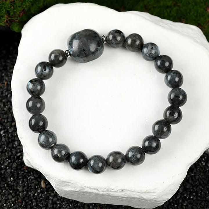 Buddha Stones Bracelet en perles de quartz clair et agate dentelle bleue avec motif chat mignon - Pierre à paillettes noires (tour de poignet 15–16 cm) - image 29