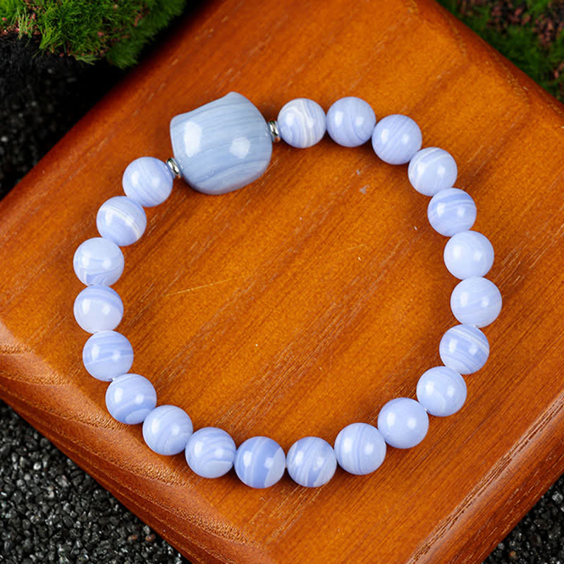 Buddha Stones Bracelet en perles de quartz clair et agate dentelle bleue avec motif chat mignon - Agate dentelle bleue (tour de poignet 15–16 cm) - image 0