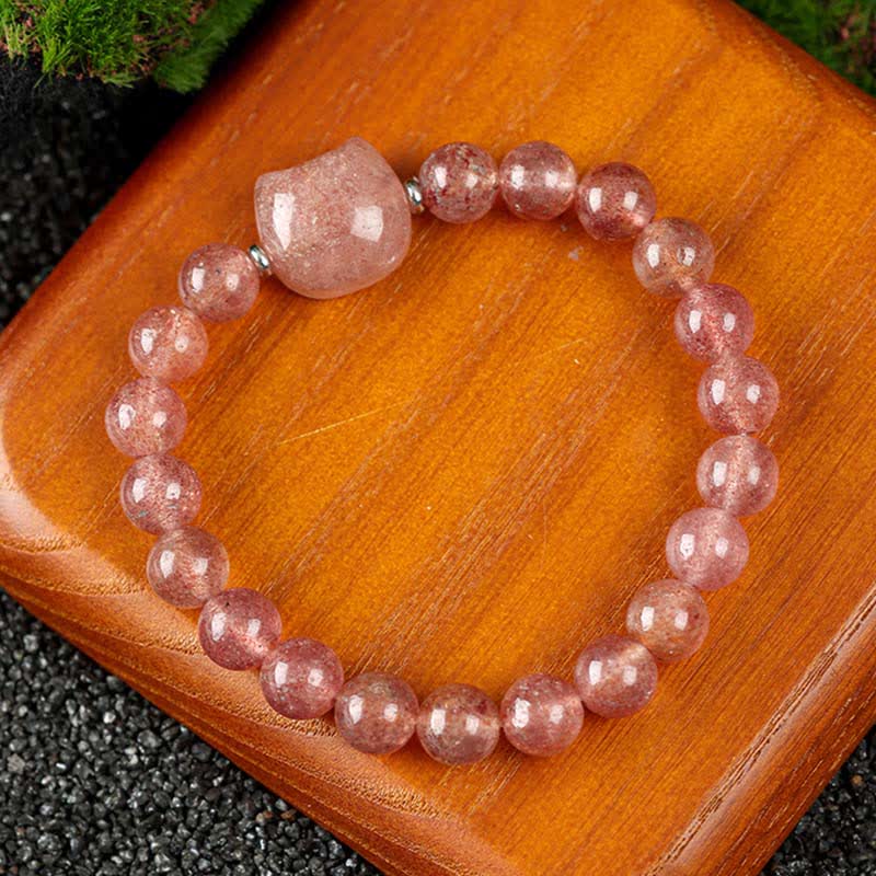 Buddha Stones Bracelet en perles de quartz clair et agate dentelle bleue avec motif chat mignon - Quartz fraise (Tour de poignet 15–16 cm) - image 16