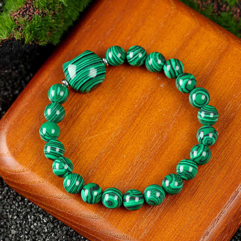 Buddha Stones Bracelet en perles de quartz clair et agate dentelle bleue avec motif chat mignon - Malachite (Tour de poignet 15–16 cm) - image 8