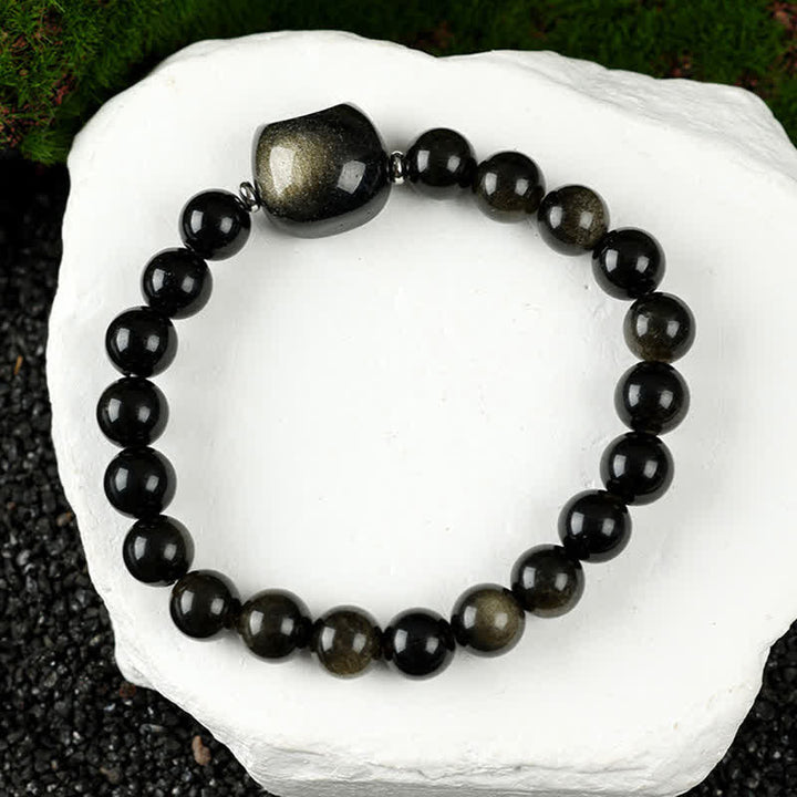 Buddha Stones Bracelet en perles de quartz clair et agate dentelle bleue avec motif chat mignon - Obsidienne à reflets dorés (tour de poignet 15–16 cm) - image 24