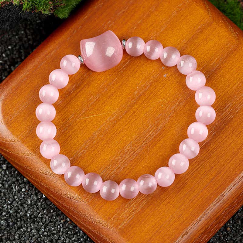 Buddha Stones Bracelet en perles de quartz clair et agate dentelle bleue avec motif chat mignon - Œil de chat rose (tour de poignet 15–16 cm) - image 18