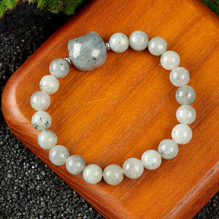 Buddha Stones Bracelet en perles de quartz clair et agate dentelle bleue avec motif chat mignon - Labradorite (Tour de poignet 15–16 cm) - image 12