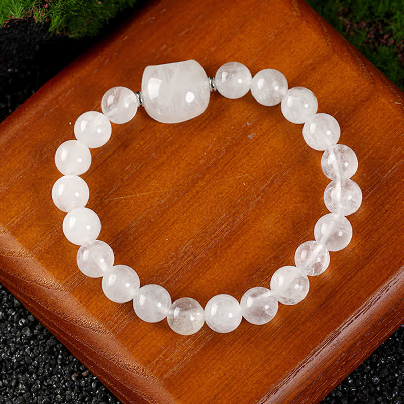 Buddha Stones Bracelet en perles de quartz clair et agate dentelle bleue avec motif chat mignon - Quartz clair (tour de poignet 15–16 cm) - image 2