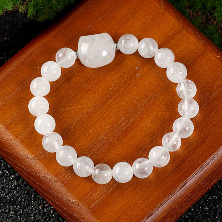 Buddha Stones Bracelet en perles de quartz clair et agate dentelle bleue avec motif chat mignon - Quartz clair (tour de poignet 15–16 cm) - image 2