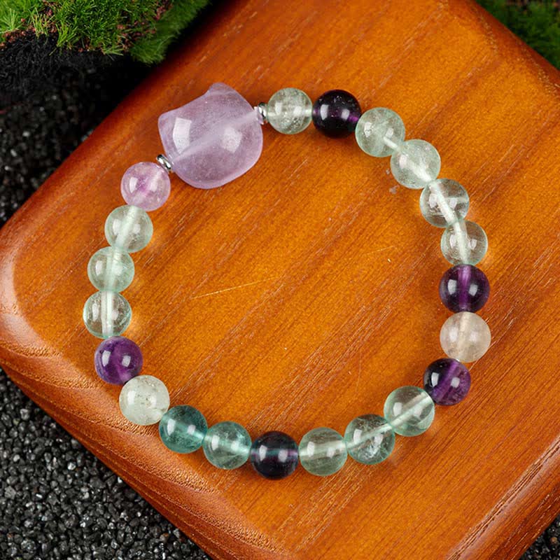 Buddha Stones Bracelet en perles de quartz clair et agate dentelle bleue avec motif chat mignon - Fluorite arc-en-ciel (Tour de poignet 15–16 cm) - image 20