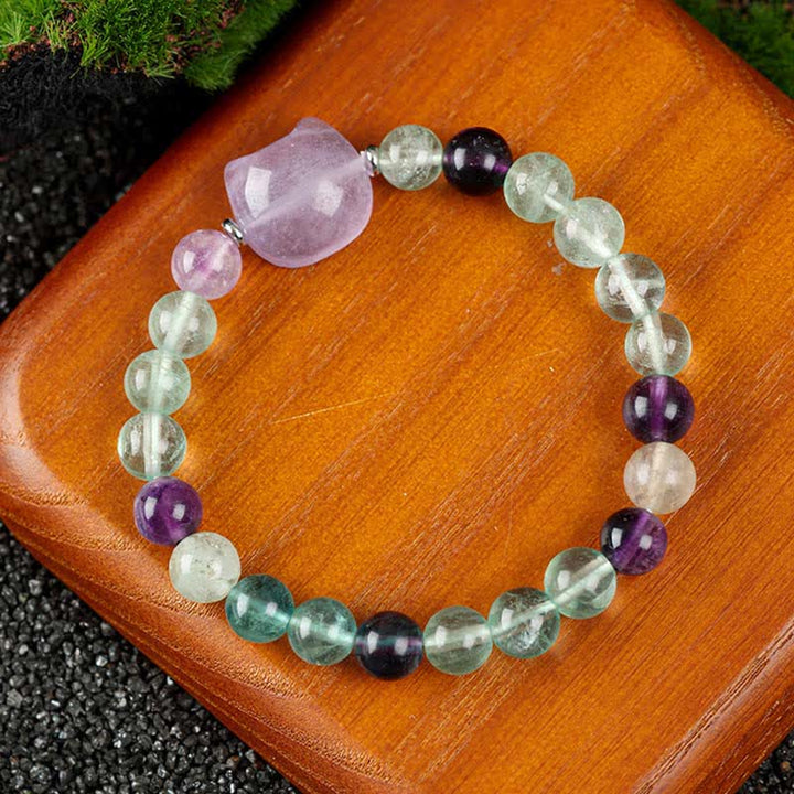 Buddha Stones Bracelet en perles de quartz clair et agate dentelle bleue avec motif chat mignon - Fluorite arc-en-ciel (Tour de poignet 15–16 cm) - image 20