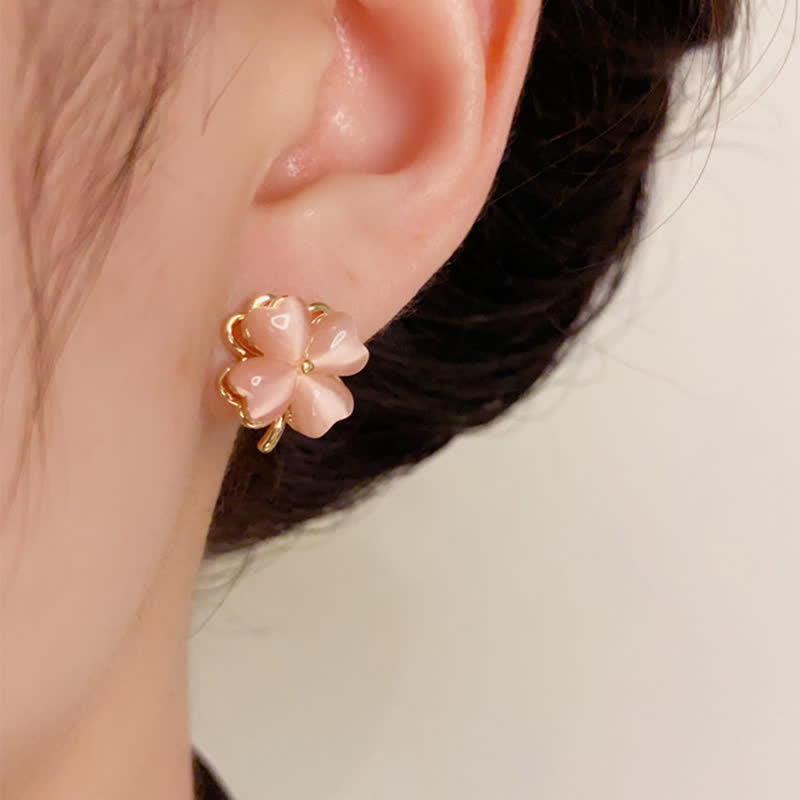 Buddha Stones Boucles d'oreilles à clous œil-de-chat rose à quatre feuilles, design rotatif - image 5